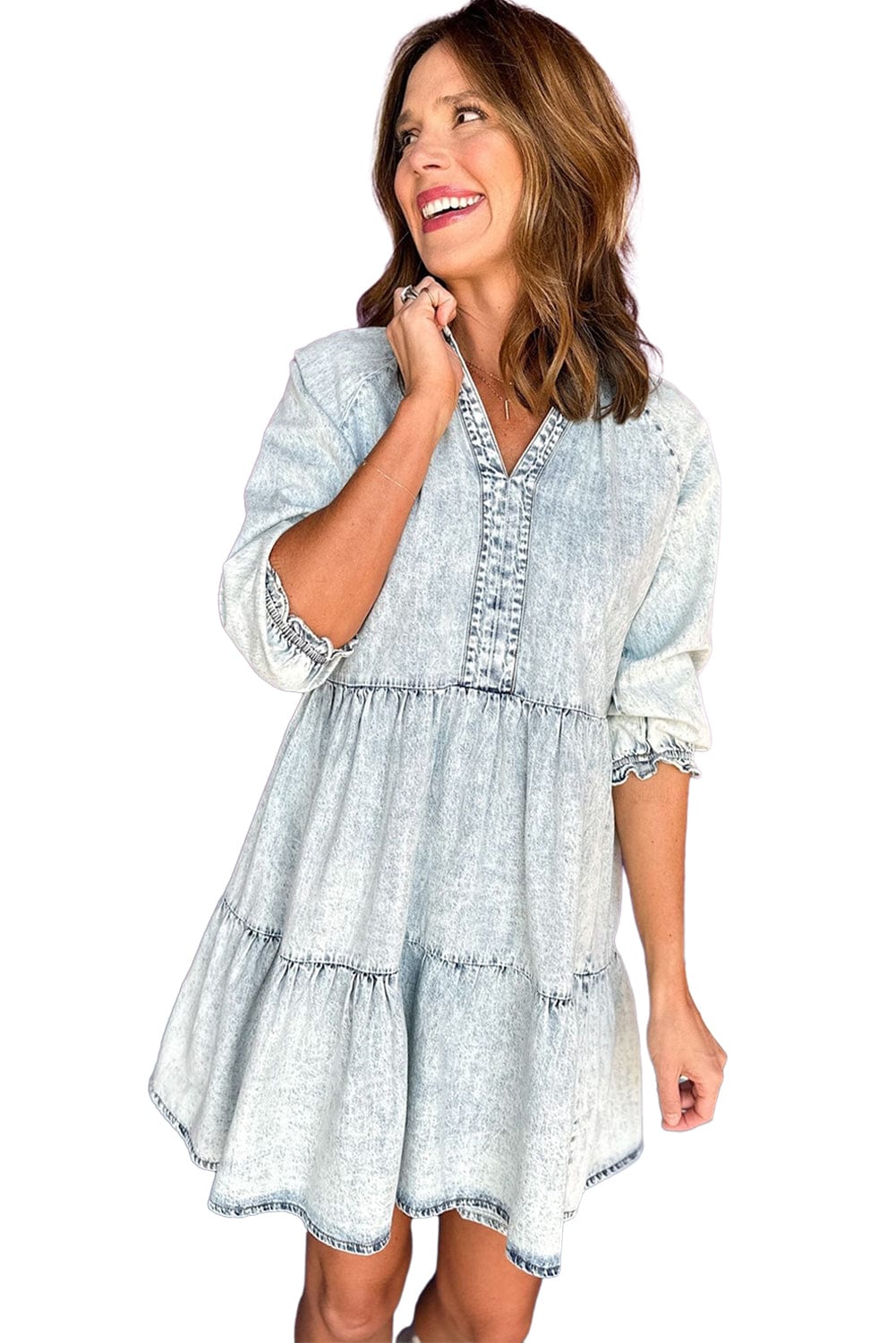 Dusk Blue Vintage Vibe Half Sleeve Denim Flare Mini Dress