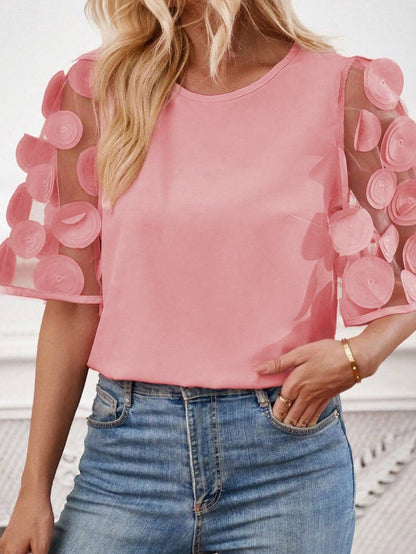 Dusky Pink Mesh Applique Half Sleeve Blouse