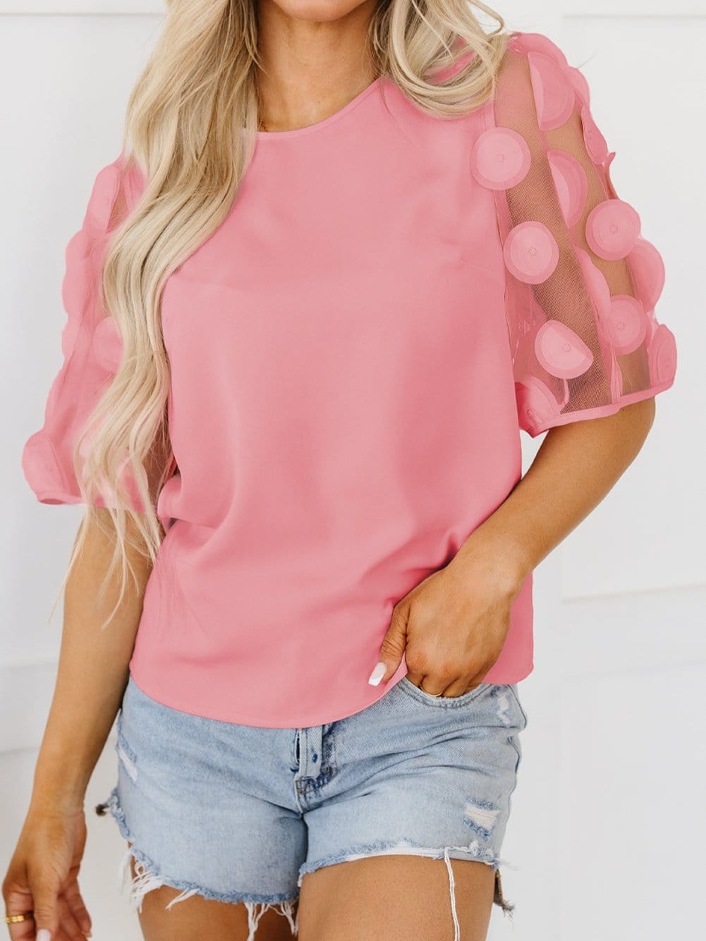 Dusky Pink Mesh Applique Half Sleeve Blouse