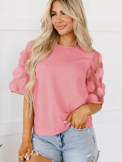 Dusky Pink Mesh Applique Half Sleeve Blouse