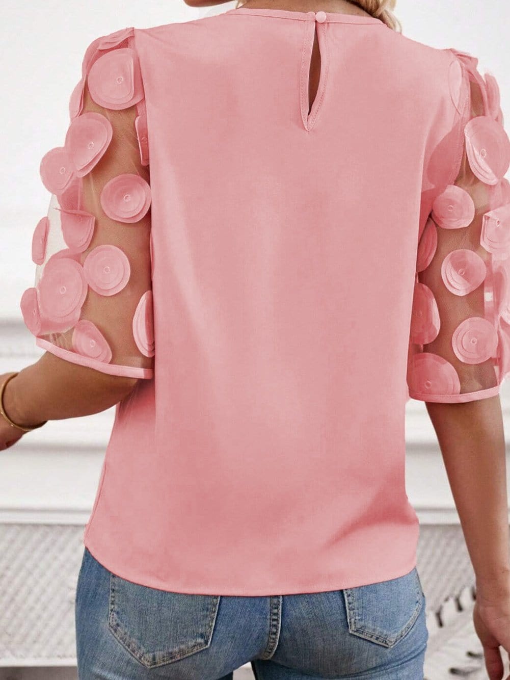 Dusky Pink Mesh Applique Half Sleeve Blouse