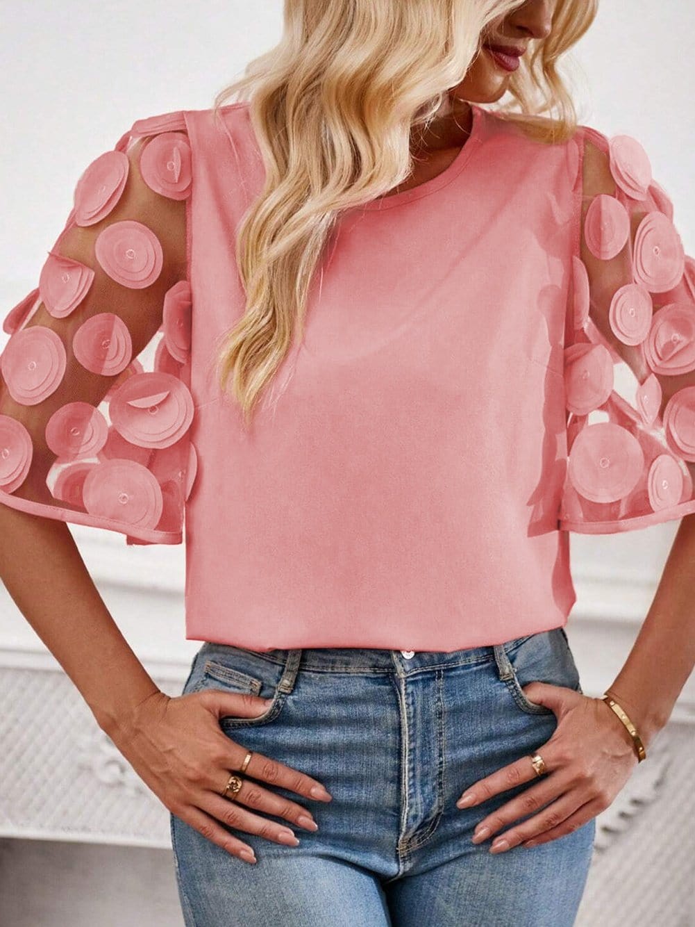 Dusky Pink Mesh Applique Half Sleeve Blouse