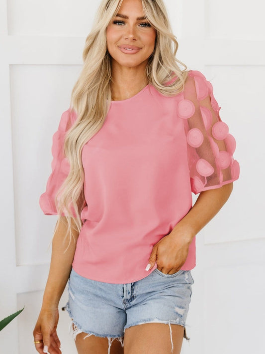 Dusky Pink Mesh Applique Half Sleeve Blouse