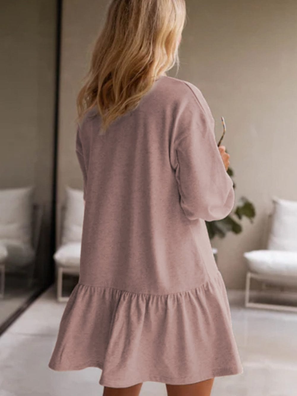Dusky Pink Puff Sleeve Ruffle Hem Mini Dress with Casual Charm