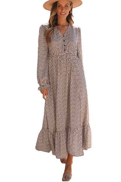 Dusty Gray Polka Dot V Neck Ruffle Maxi Dress with Button Detail