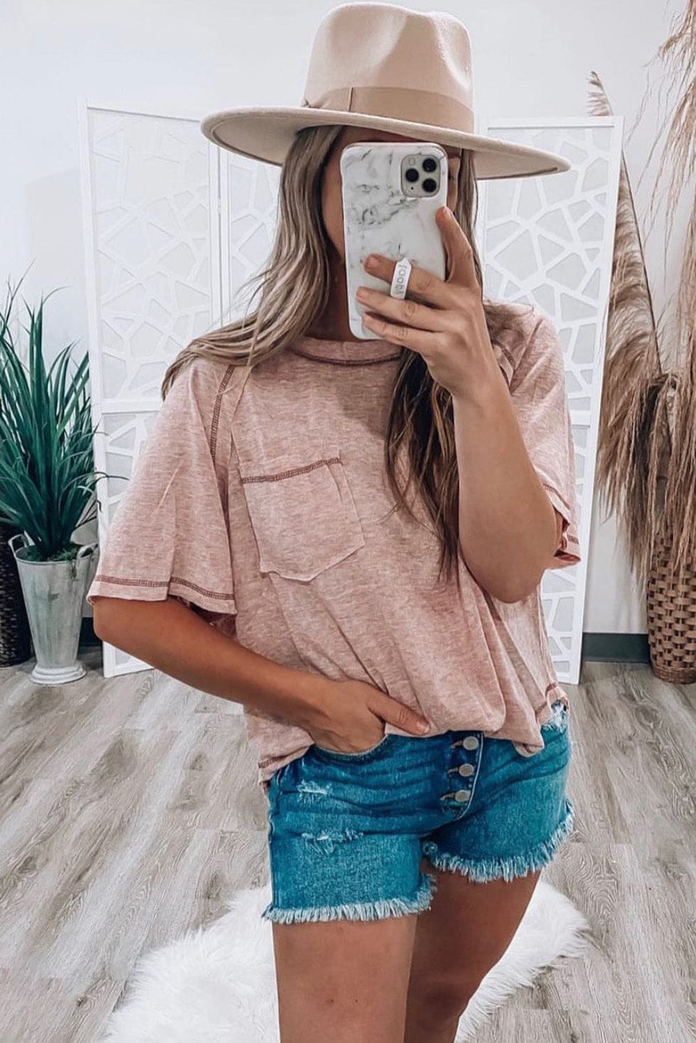 Dusty Pink Exposed Stitch Loose Fit T-shirt