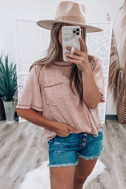 Dusty Pink Exposed Stitch Loose Fit T-shirt