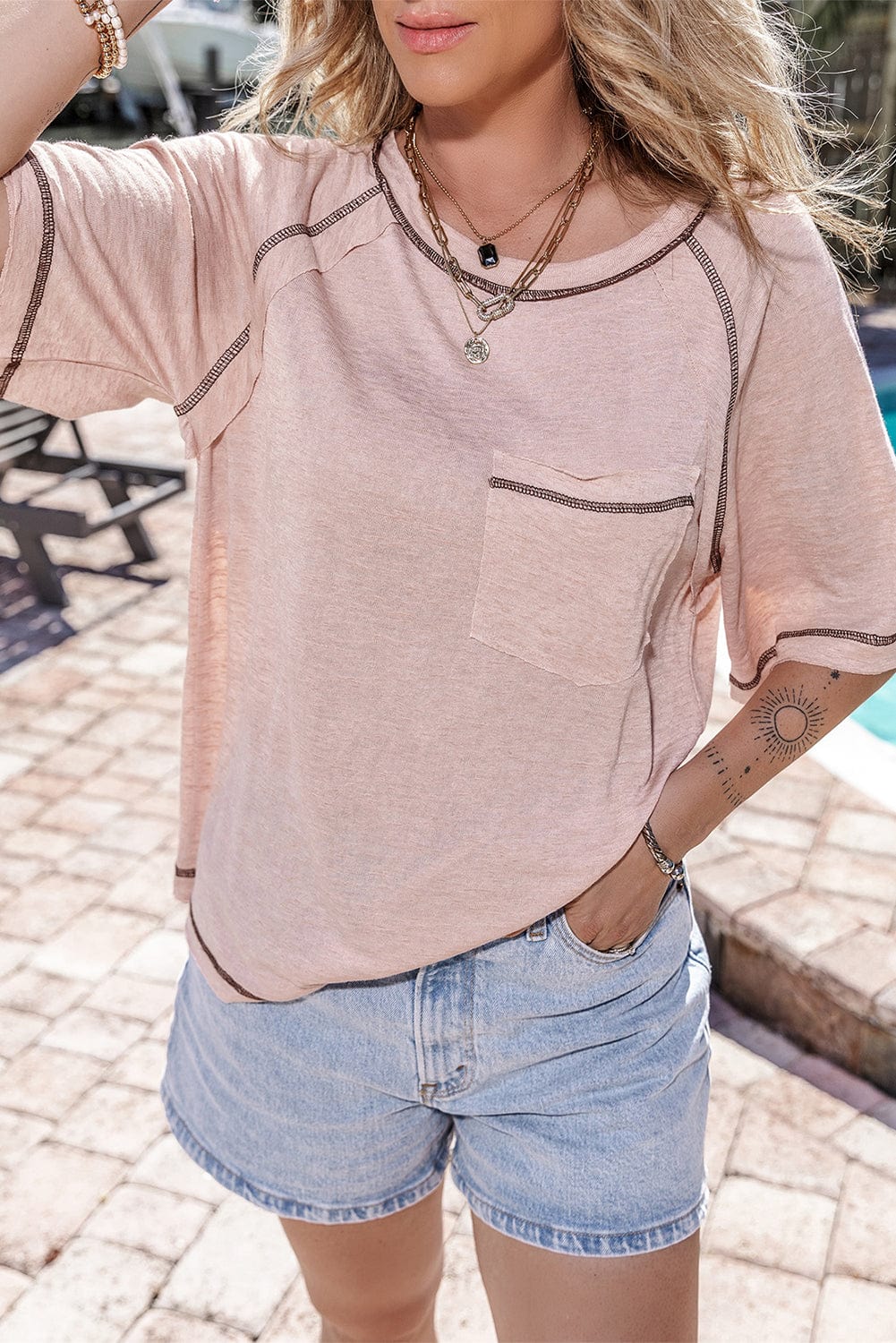 Dusty Pink Exposed Stitch Loose Fit T-shirt