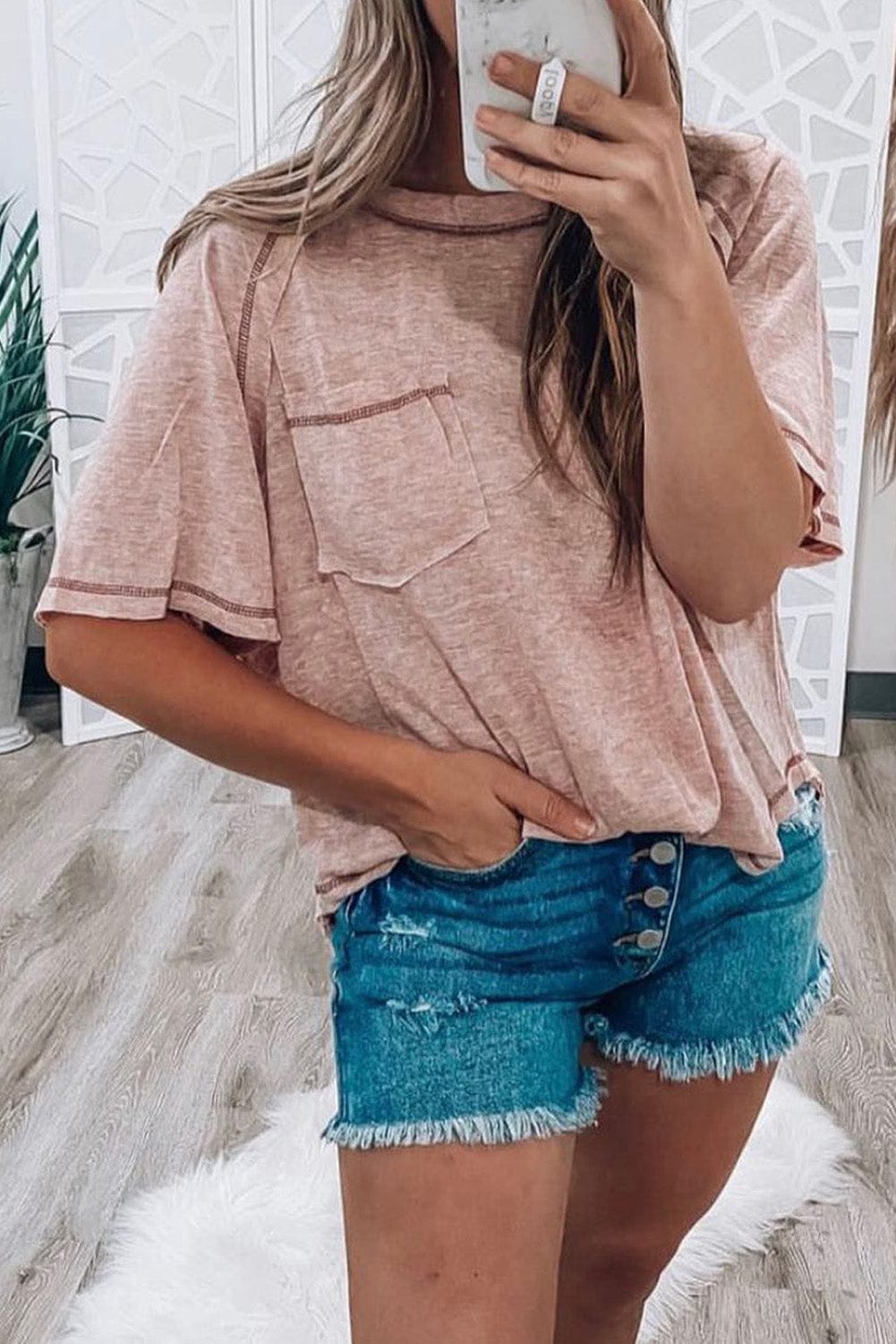 Dusty Pink Exposed Stitch Loose Fit T-shirt