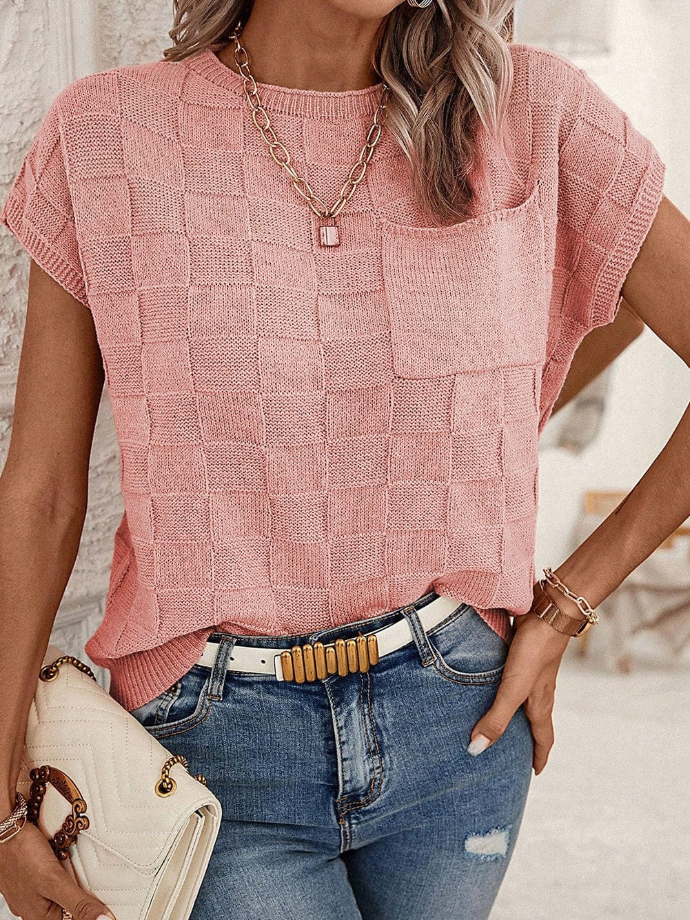 Dusty Pink Textured Knit Short Sleeve Sweater with Lattice Detail