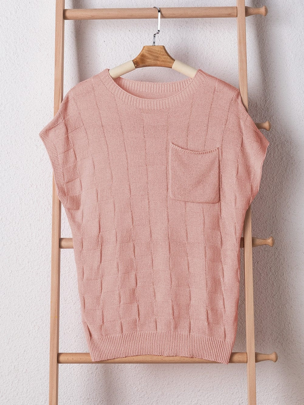 Dusty Pink Textured Knit Short Sleeve Sweater with Lattice Detail