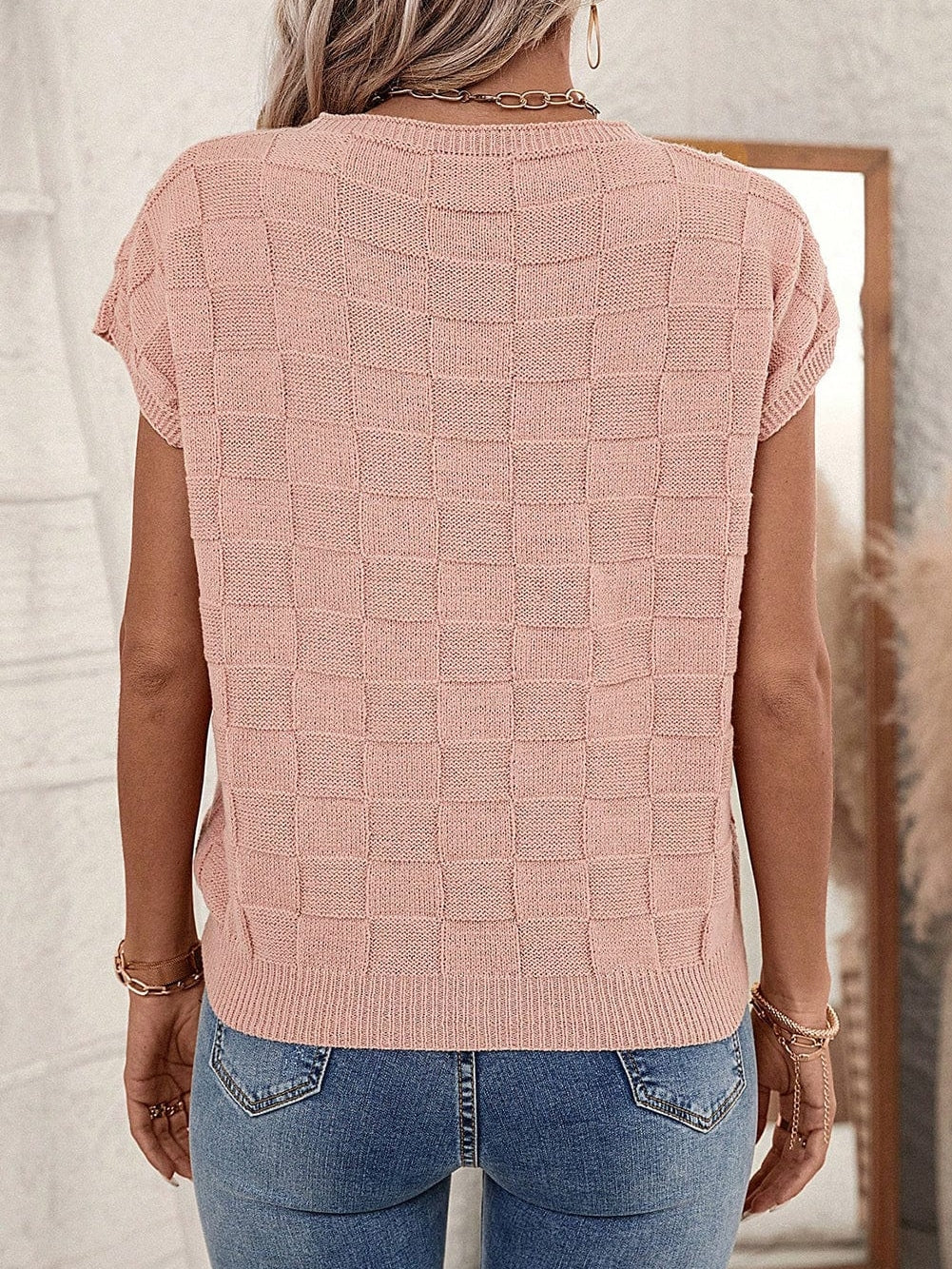 Dusty Pink Textured Knit Short Sleeve Sweater with Lattice Detail