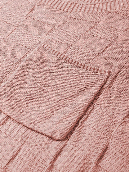 Dusty Pink Textured Knit Short Sleeve Sweater with Lattice Detail