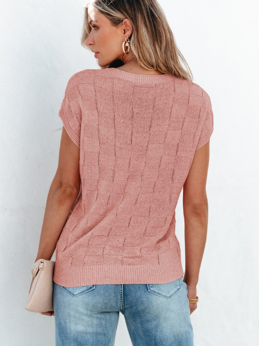 Dusty Pink Textured Knit Short Sleeve Sweater with Lattice Detail