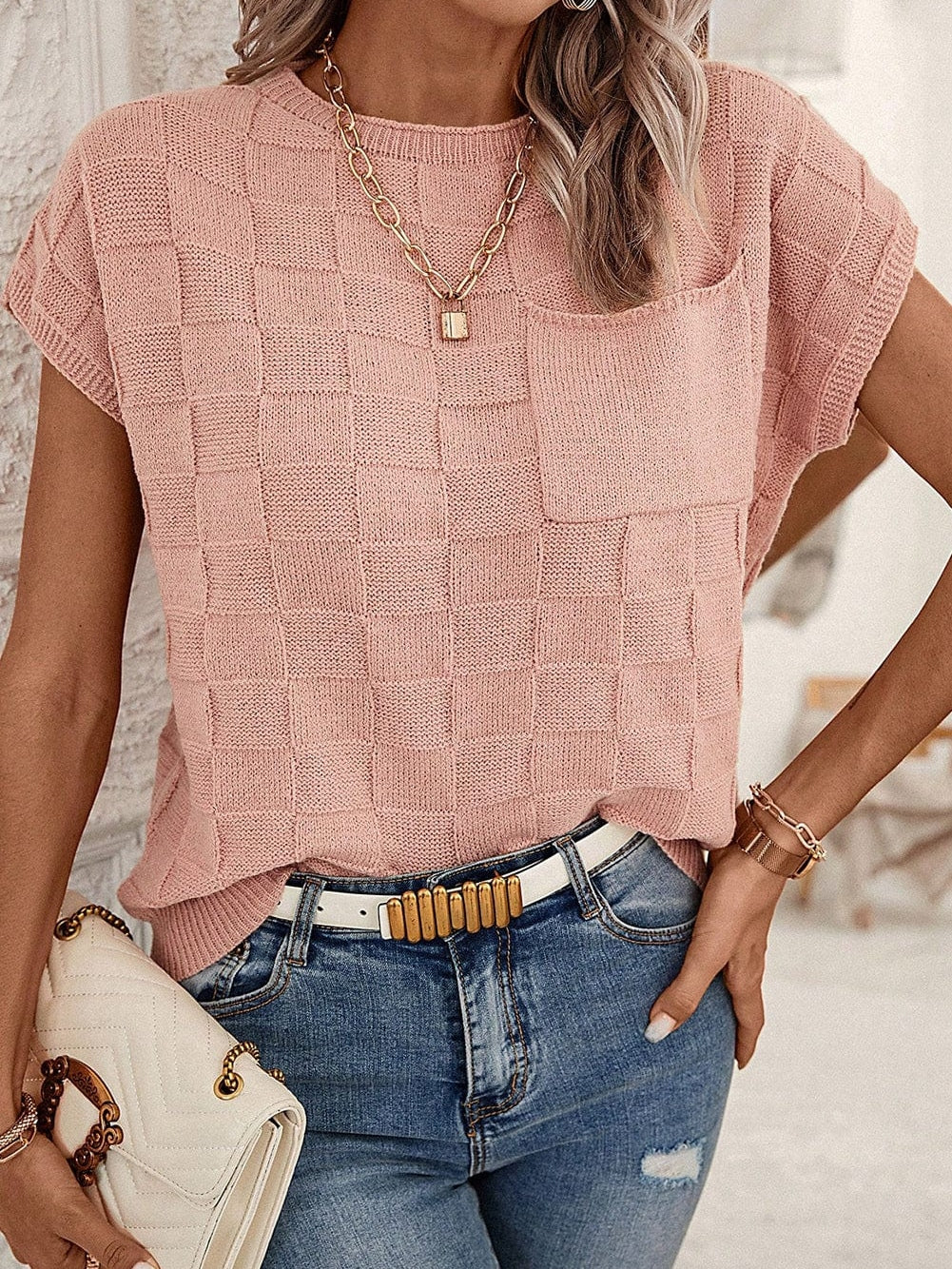 Dusty Pink Textured Knit Short Sleeve Sweater with Lattice Detail
