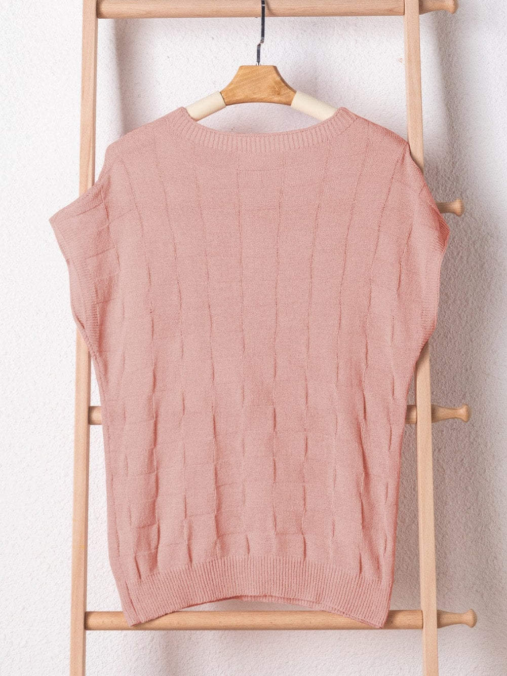 Dusty Pink Textured Knit Short Sleeve Sweater with Lattice Detail
