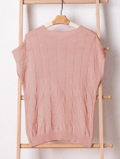 Dusty Pink Textured Knit Short Sleeve Sweater with Lattice Detail