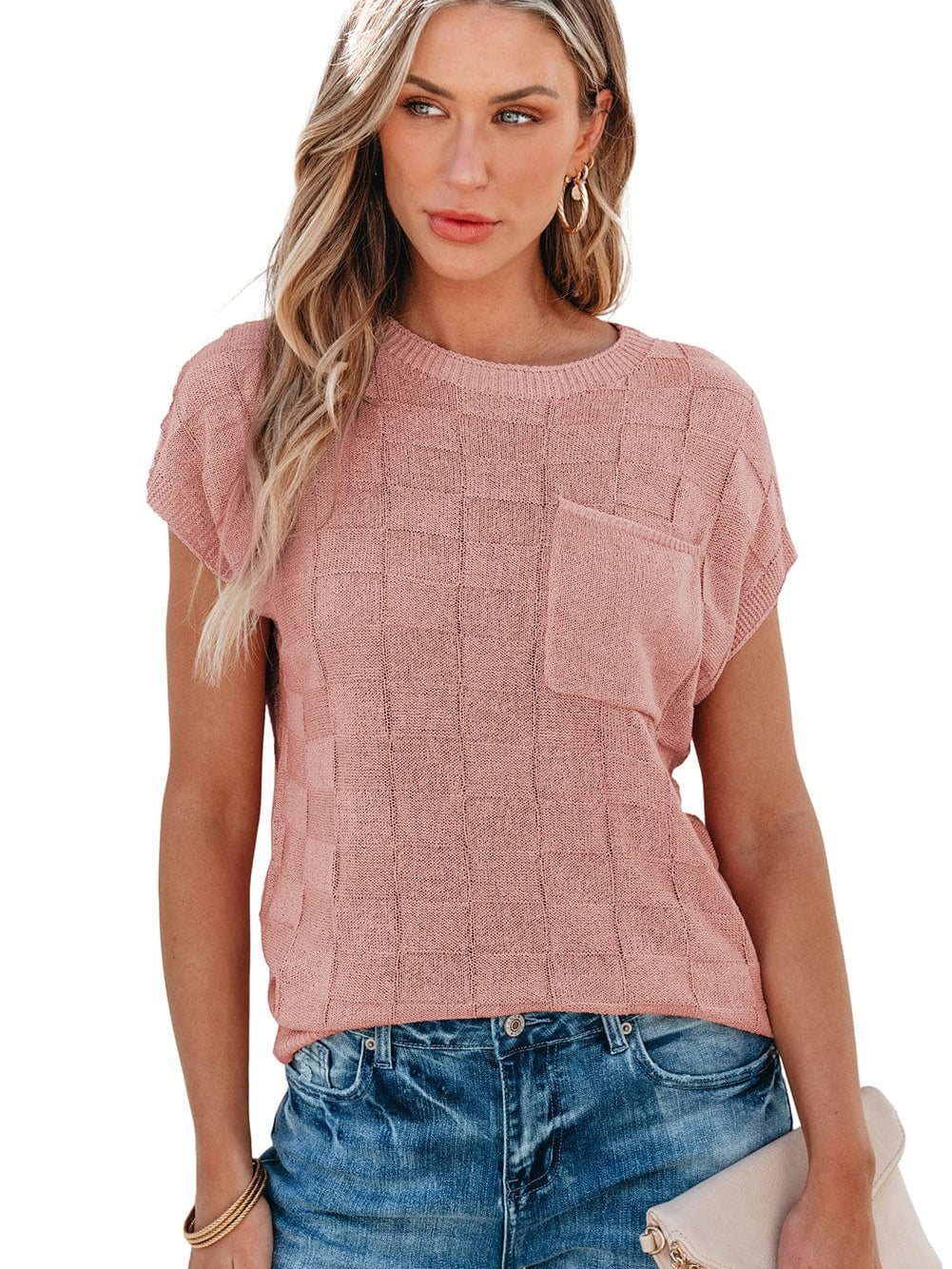 Dusty Pink Textured Knit Short Sleeve Sweater with Lattice Detail