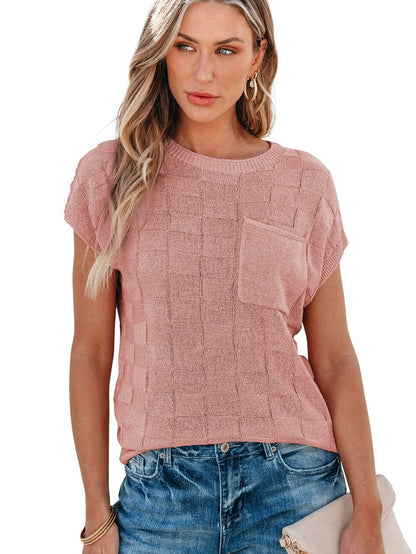 Dusty Pink Textured Knit Short Sleeve Sweater with Lattice Detail