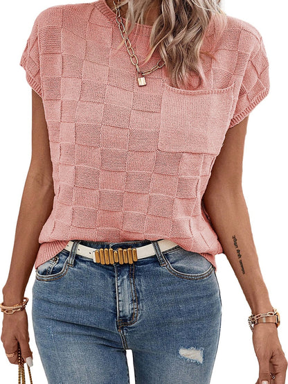 Dusty Pink Textured Knit Short Sleeve Sweater with Lattice Detail