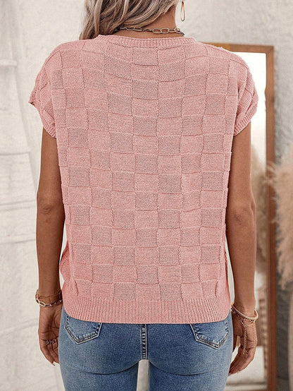 Dusty Pink Textured Knit Short Sleeve Sweater with Lattice Detail