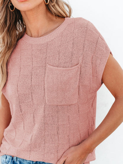 Dusty Pink Textured Knit Short Sleeve Sweater with Lattice Detail