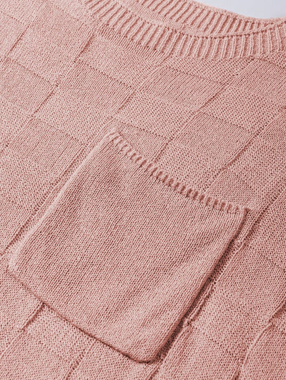 Dusty Pink Textured Knit Short Sleeve Sweater with Lattice Detail