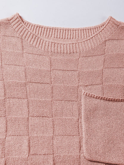Dusty Pink Textured Knit Short Sleeve Sweater with Lattice Detail