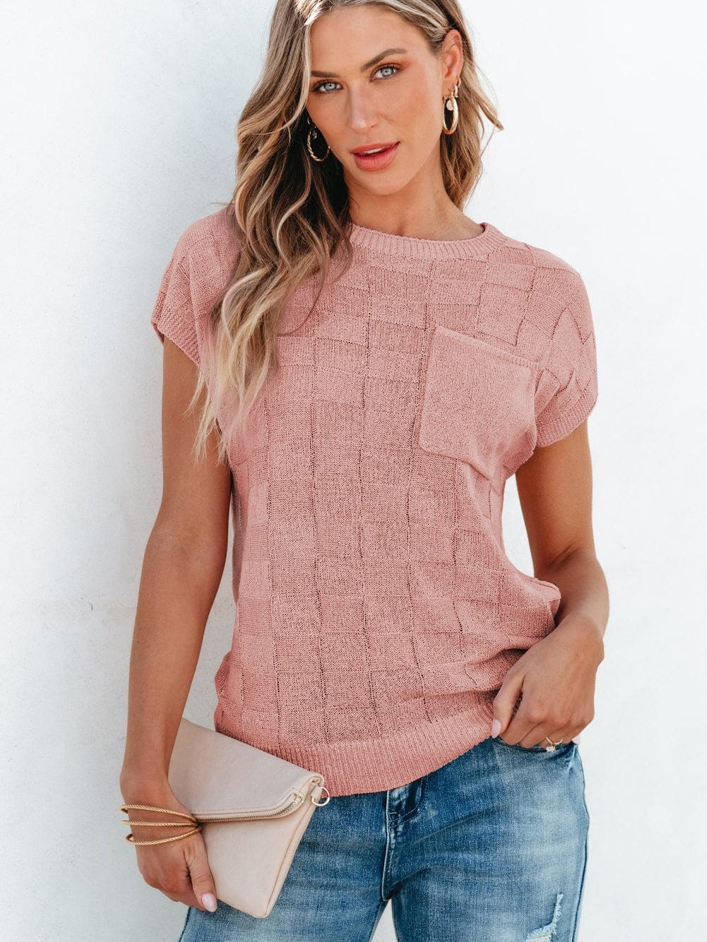Dusty Pink Textured Knit Short Sleeve Sweater with Lattice Detail