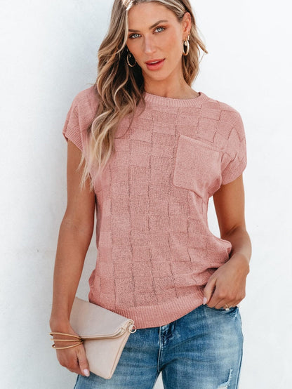 Dusty Pink Textured Knit Short Sleeve Sweater with Lattice Detail