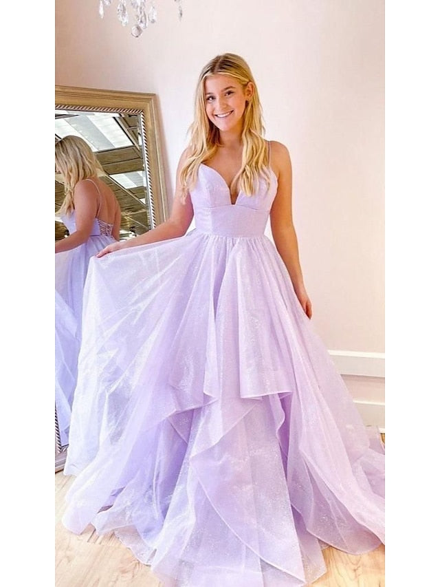 Ball Gown A-Line Prom Dresses Sparkle & Shine Dress Formal Floor Length Sleeveless Sweetheart Tulle Backless with Pleats Ruffles 2023 - LuckyFash™