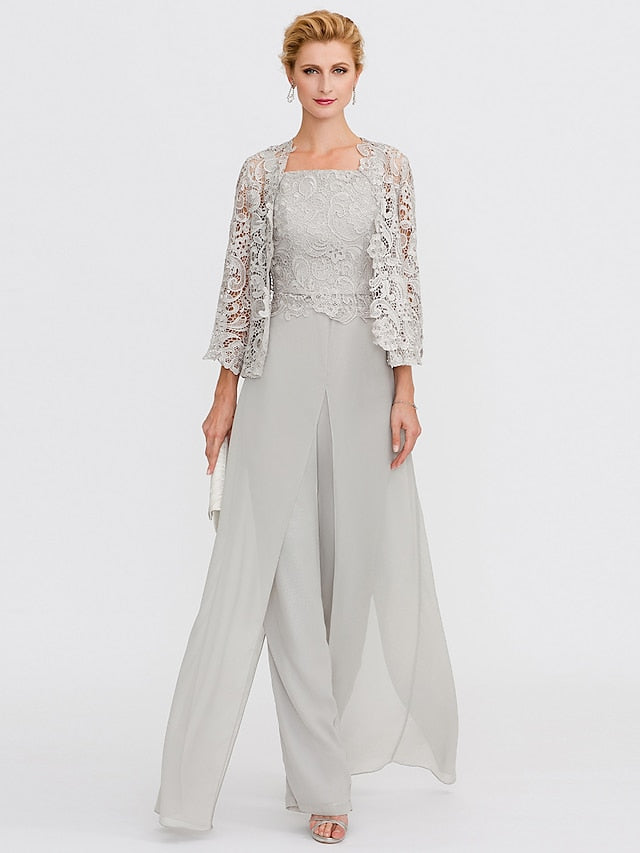 Jumpsuit / Pantsuit Mother of the Bride Dress Formal Plus Size Elegant Square Neck Floor Length Chiffon Corded Lace Sleeveless Wrap Included with Lace Appliques 2023 - LuckyFash™