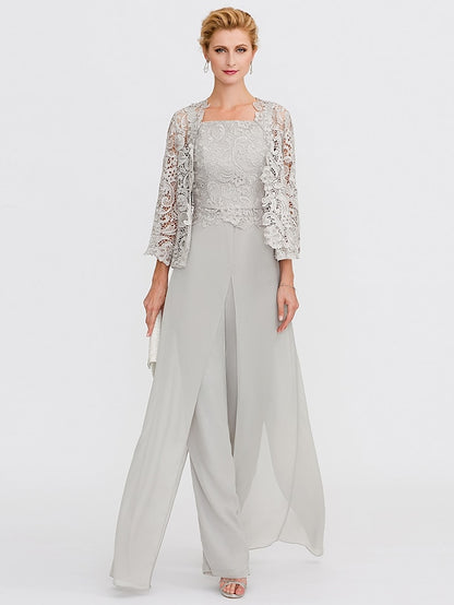 Jumpsuit / Pantsuit Mother of the Bride Dress Formal Plus Size Elegant Square Neck Floor Length Chiffon Corded Lace Sleeveless Wrap Included with Lace Appliques 2023 - LuckyFash™