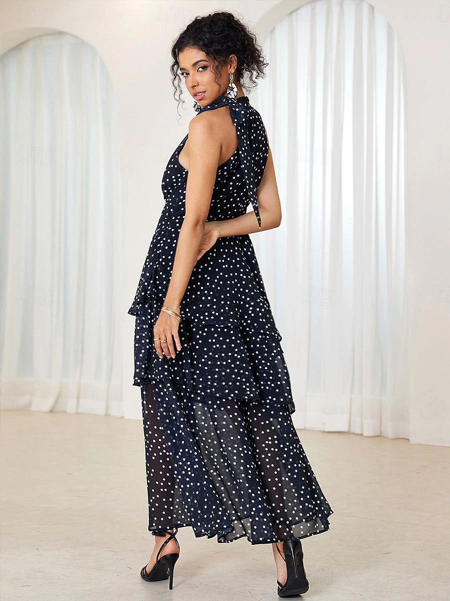 Women's Chiffon A Line Dress Layered Halter Neck Maxi Dress Elegant Party Date Sleeveless Summer