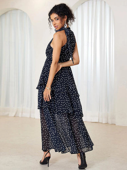 Women's Chiffon A Line Dress Layered Halter Neck Maxi Dress Elegant Party Date Sleeveless Summer