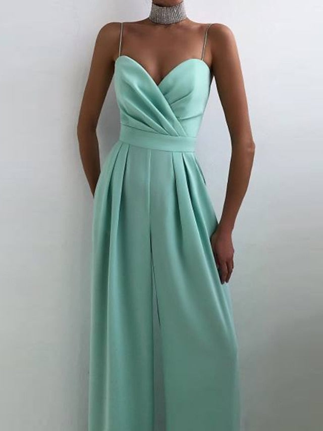 Jumpsuits for Women Sexy Party Elegant Wedding Holiday V Neck Strap 2023 Green White Black Solid Color Layered Zipper Patchwork / Wide Leg - LuckyFash™