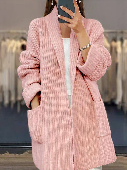 Women's Cardigan Sweater Open Front Ribbed Knit Acrylic Pocket Fall Winter Long Valentine's Day Daily Going out Stylish Casual Soft Long Sleeve Solid Color Pink Camel Beige S M L
