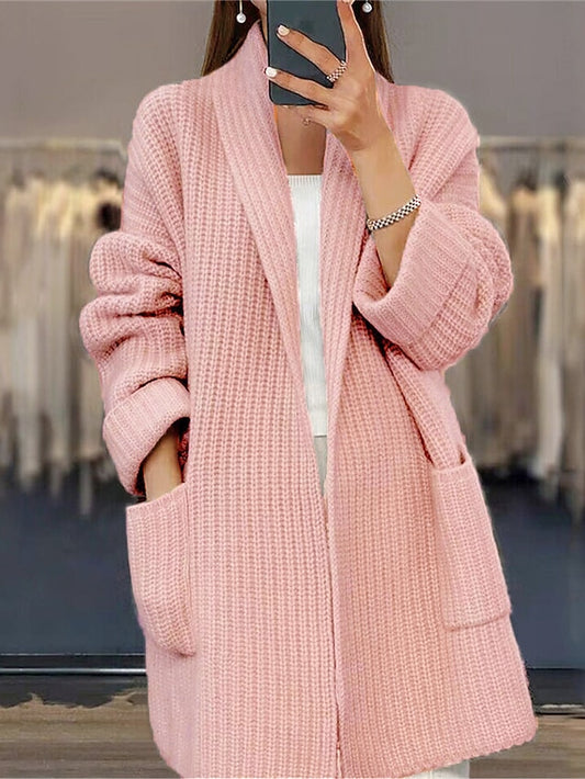 Women's Cardigan Sweater Open Front Ribbed Knit Acrylic Pocket Fall Winter Long Valentine's Day Daily Going out Stylish Casual Soft Long Sleeve Solid Color Pink Camel Beige S M L