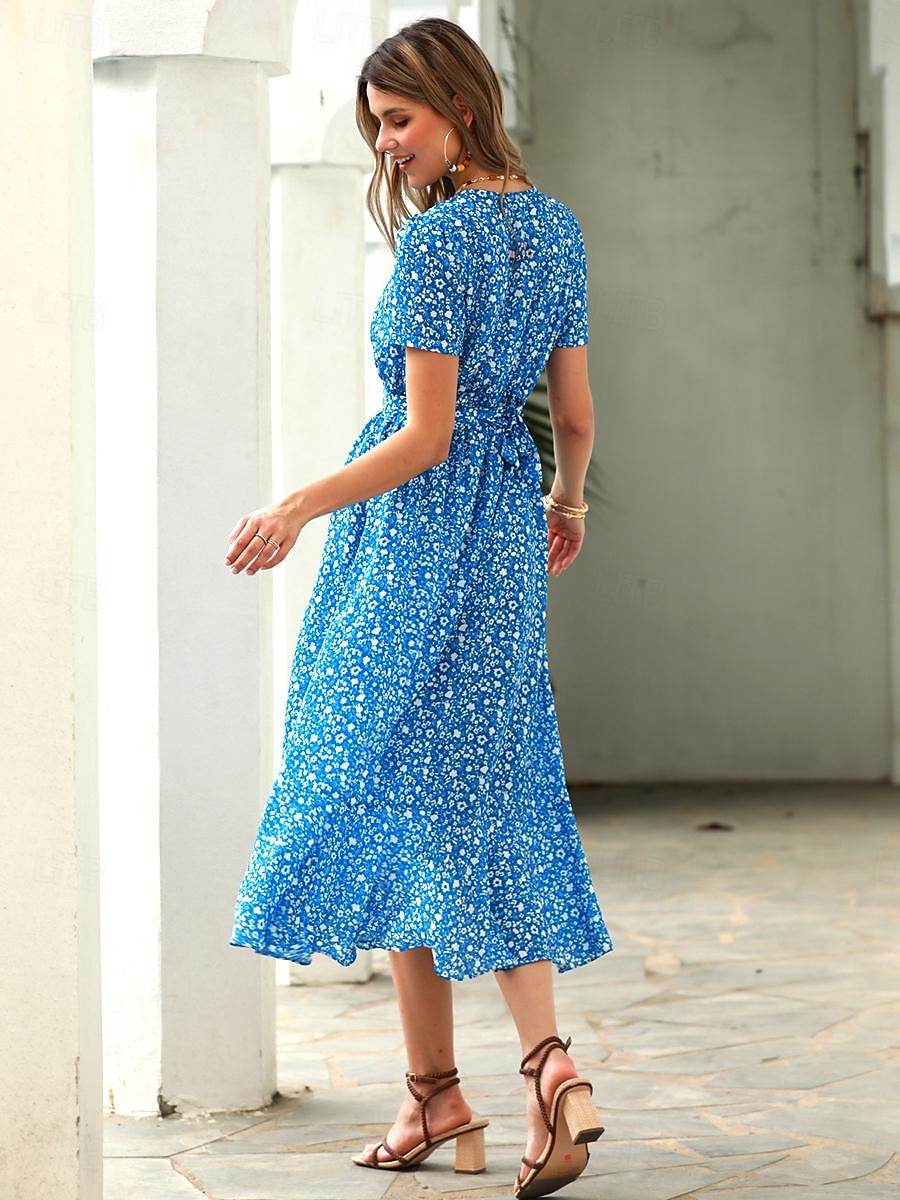 Women's Floral Ruffle Dress Blue Chiffon A Line Dress Midi Split Thigh V Neck Beach Vacation Sleeveless Summer
