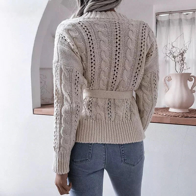 Women's Cardigan Sweater Jumper Cable Knit Lace up Button Pure Color Crew Neck Stylish Casual Outdoor Daily Winter Fall Purple Yellow S M L / Cotton / Long Sleeve / Cotton / Holiday / Regular Fit