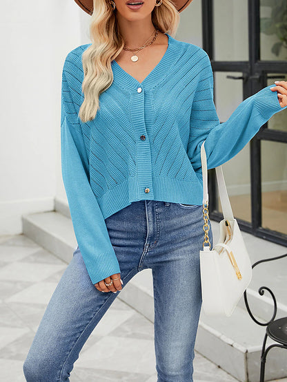 Women's Cardigan Sweater V Neck Ribbed Knit Polyester Button Summer Spring Cropped Daily Going out Weekend Stylish Casual Soft Long Sleeve Solid Color Blue Purple Green S M L