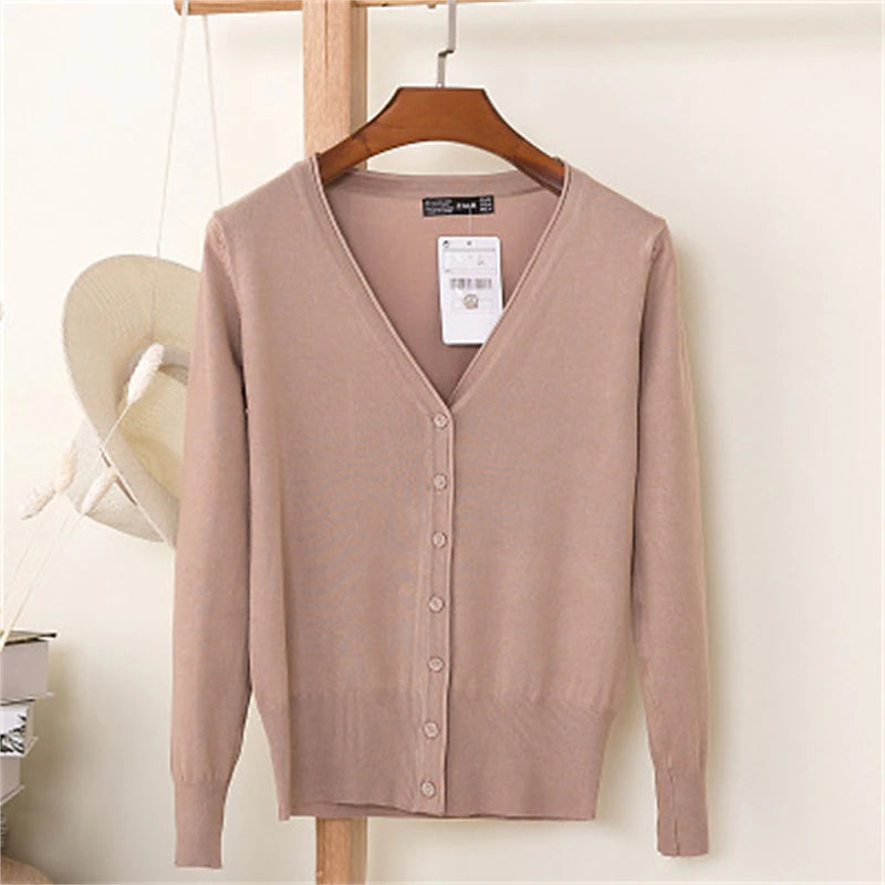 Women's Cardigan Sweater V Neck Knit Cotton Button Knitted Thin Summer Spring Outdoor Work Daily Stylish Casual Soft Long Sleeve Pure Color Yellow Wine Camel M L XL