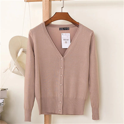 Women's Cardigan Sweater V Neck Knit Cotton Button Knitted Thin Summer Spring Outdoor Work Daily Stylish Casual Soft Long Sleeve Pure Color Yellow Wine Camel M L XL
