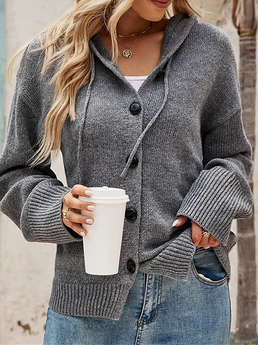 Women's Cardigan Sweater Hooded Ribbed Knit Alpaca Wool Button Fall Winter Regular Outdoor Daily Going out Stylish Casual Soft Long Sleeve Solid Color Black White Gray S M L