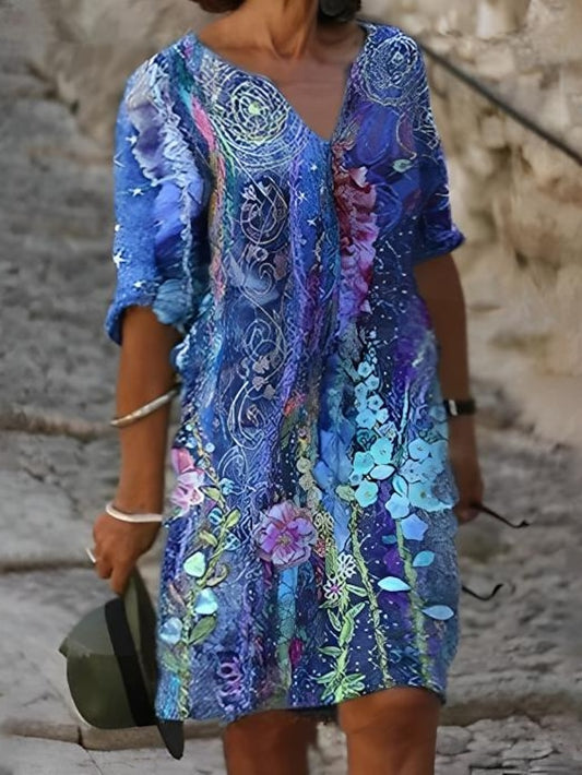 Women's Dress - Plus Size Casual Dress Shift Dress Midi Dress Print V Neck Print Half Sleeve Fall Spring Work Casual Knee Length Dress Daily Date Dress