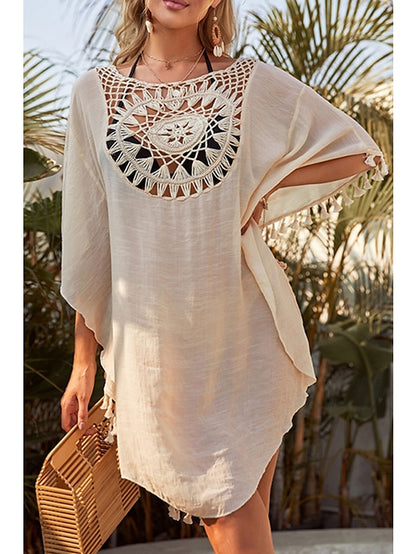Women's Dress - Swimwear Cover Up Beach Dress Normal Swimsuit UV Protection Tassel Printing Hole Pure Color Black Beige White Scoop Neck Bathing Suits New Vacation Daily