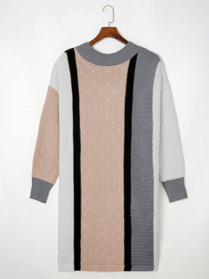Apricot Boucl Color Block V-Neck Plus Size Sweater Dress