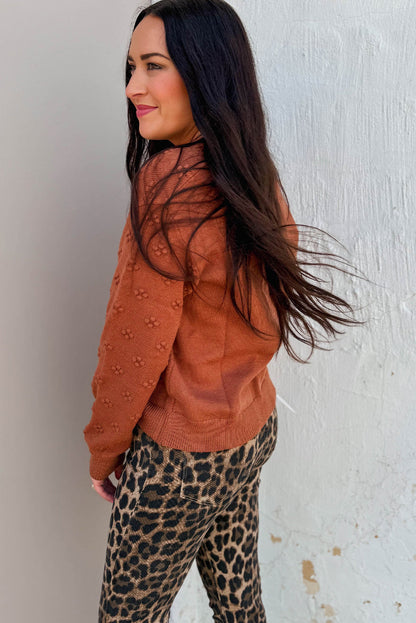 Clay Solid Color Flower Texture Knit Drop Shoulder Sweater