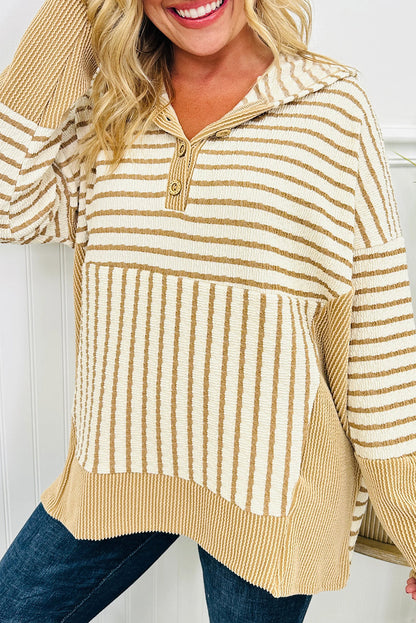 Yellow Stripe Textured Contrast Ribbed Patchwork Button V Neck Hooded Top