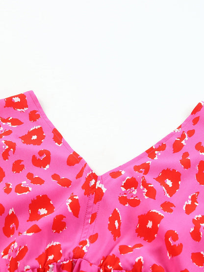 Leopard Print Plus Size Babydoll Dress with V Neck and Bubble Sleeves